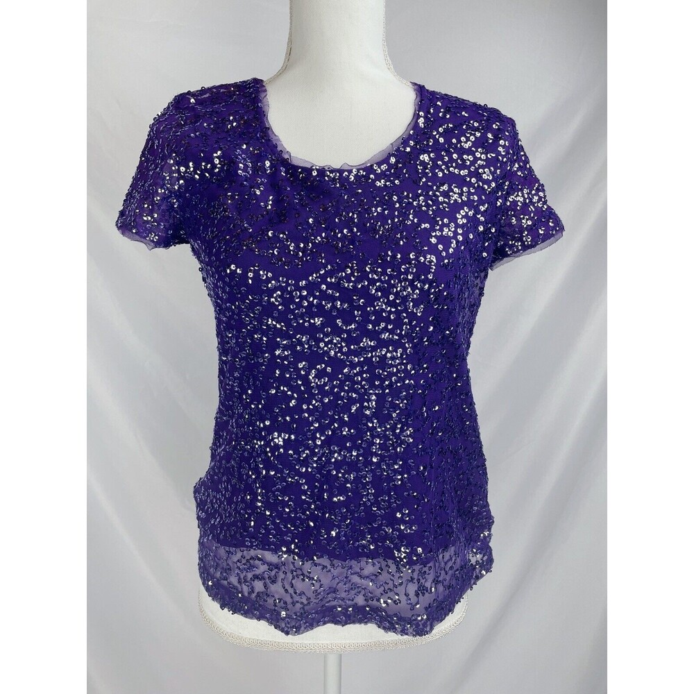 Chico’s Women‎ Size 0 Purple Sequins Short Sleeve Shirt Top Layered